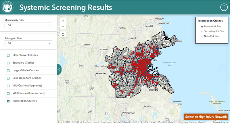 Figure 2.1: A screenshot of the on-line systemic screening results analysis tool which allows users to search on various subregions, municipalities, and emphasis areas described in the Boston Region MPO Vision Zero Action Plan. This figure shows the filter options on the left-hand side with a map of the region with dropped pins on roads with safety concerns on the right-hand side of the screen.